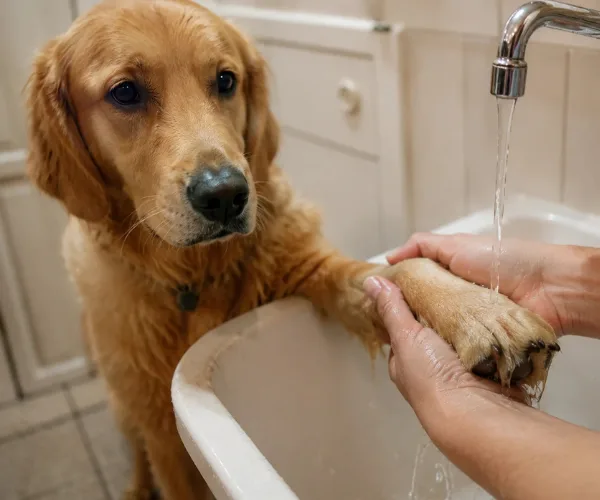 owner washing dog paws with water after walk
