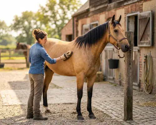 A person grooming and caring for a buckskin horse in a stable yard