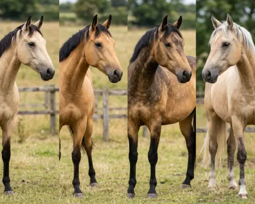 Different buckskin horse coat color varieties including buttermilk, standard, sooty, and silver buckskin