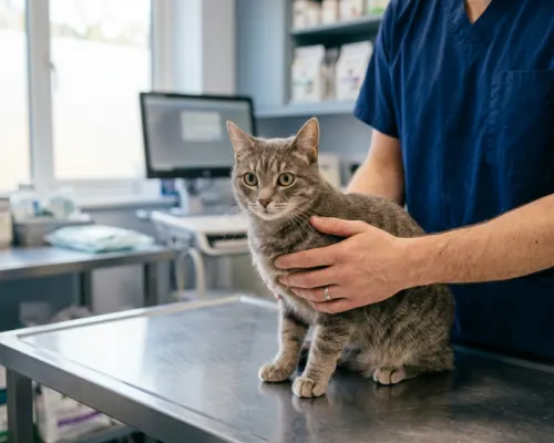 A grey cat sitting quietly on a veterinary examination table looking calm but tense, vet's hands gently examining it