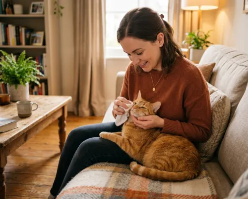 Cat owner wiping cat's nose at home as part of daily care routine to reduce sneezing