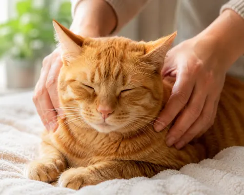 Hands massaging cat shoulders and back