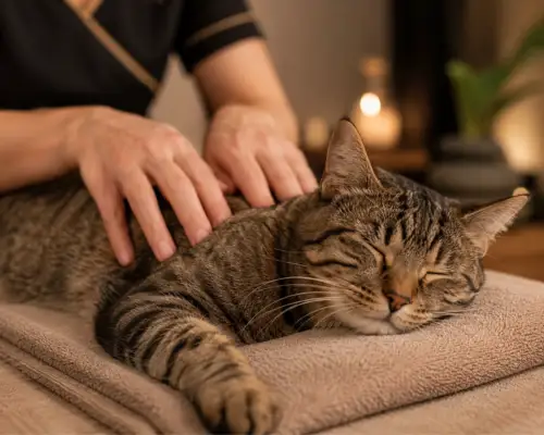 Cat receiving therapeutic massage at wellness clinic