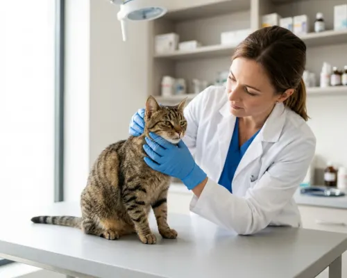 Veterinarian examining a cat with nasal discharge to identify the cause of frequent sneezing