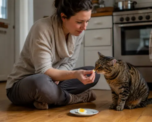 owner hand feeding cat kitchen floor natural light