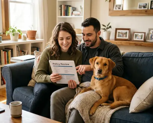 A couple reviewing and choosing a pet insurance plan with their dog at home
