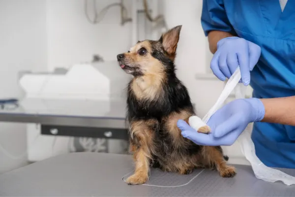 dog with bandaged leg at vet clinic