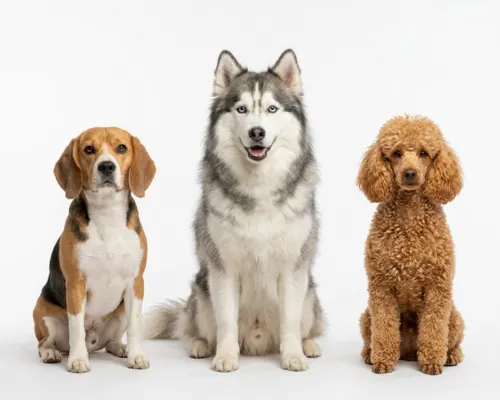 Three dogs with different coat types: Beagle, Husky, and Poodle showing grooming cost differences