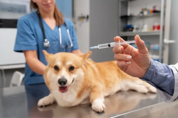 Dog receiving IV fluids at vet clinic