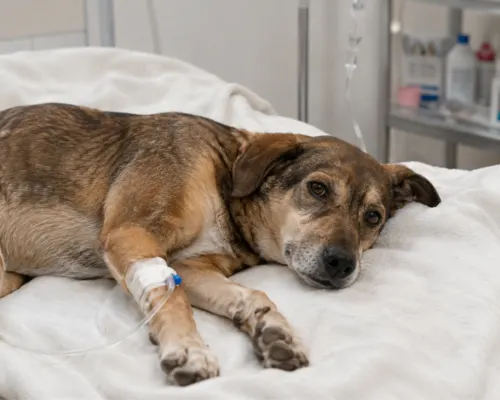 Rescued stray dog resting and recovering in vet clinic