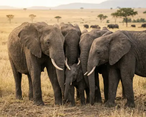 Elephant herd gathering around and protecting a young calf