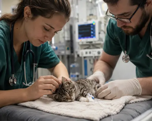Vet team caring for kitten in clinic