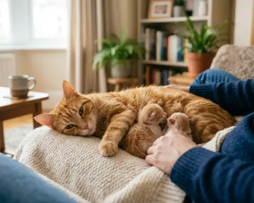 A mother cat nursing her newborn kittens on a soft blanket, both mother and kittens appear calm and relaxed