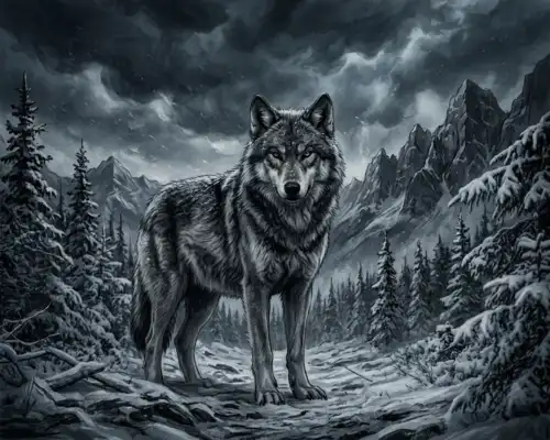 Ancient Norse mythology illustration of a large wolf in a dark dramatic landscape
