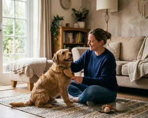 Dog owner brushing her dog at home to maintain coat between grooming appointments
