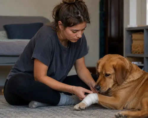 pet owner checking dog bandaged wound at home