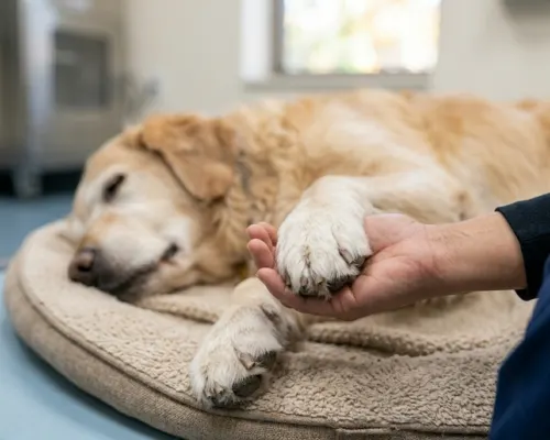 Owner holding a senior dog's paw while providing end-of-life comfort care Owner holding a senior dog's paw while providing end-of-life comfort care