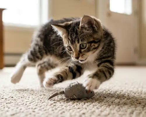 playful kitten pouncing on a toy during the fast-growing first year of life