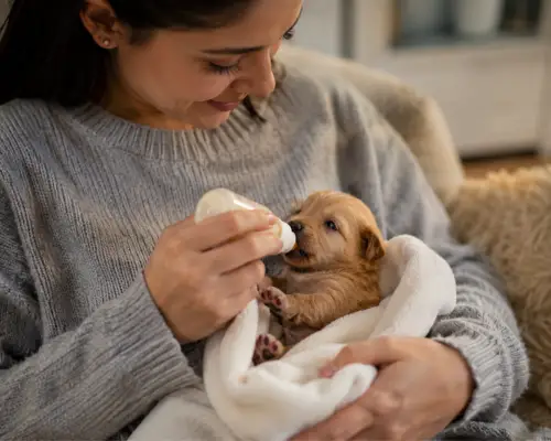 foster caregiver bottle feeding neonatal puppy