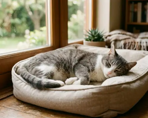 senior cat resting comfortably on a soft bed as part of senior cat care