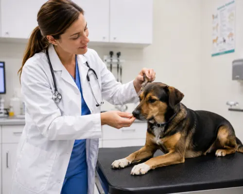 veterinarian gently examining calm dog during fear-free visit