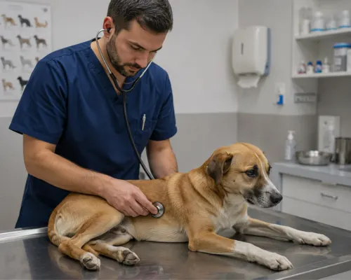 Vet examining dog with stethoscope in emergency clinic