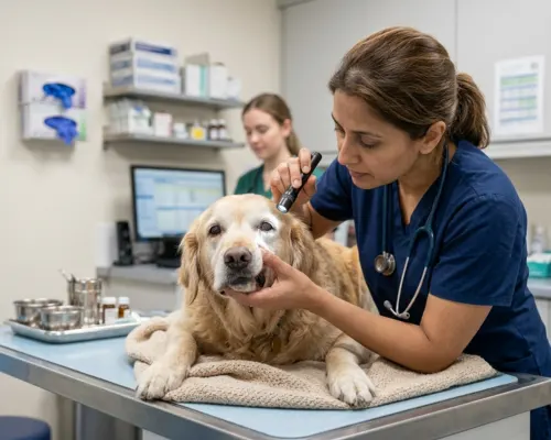 Veterinarian checking a senior dog for physical signs of declining health