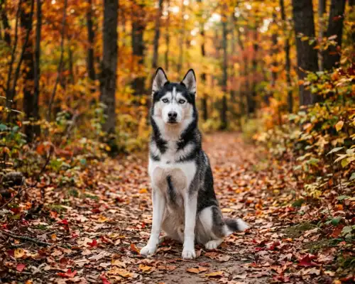 A Husky dog with wolf-like features sitting outdoors in a forest