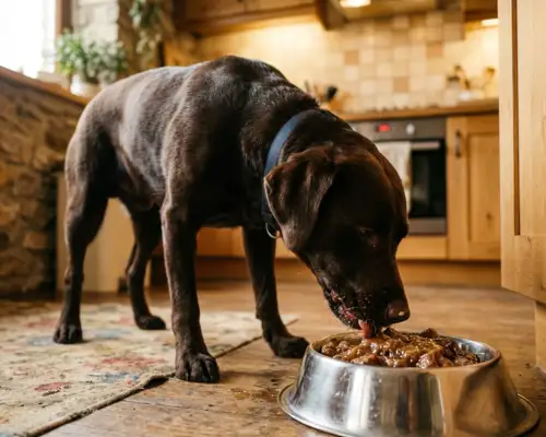 Dog eating a bowl of wet food thickened with xanthan gum