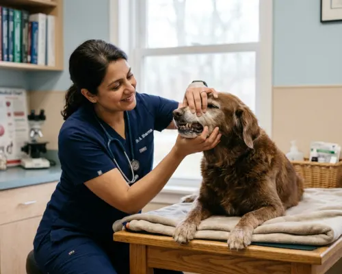 Vet checking signs of aging in a senior dog